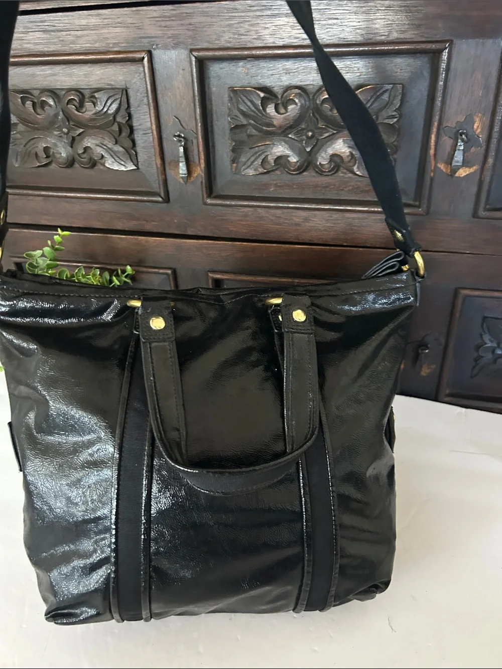 Coach Black Patent Leather Shoulder Tote with Heart Zip Pulls